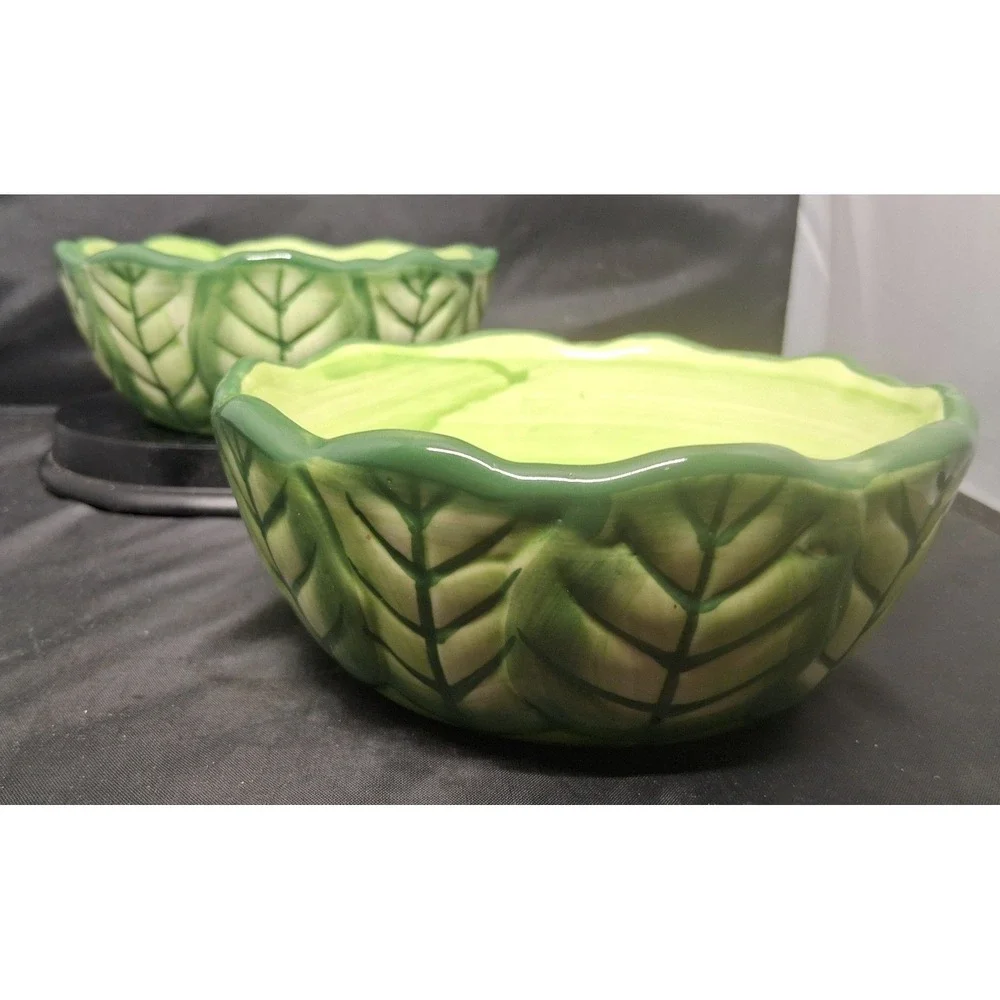 Set of 2 Ceramic Cabbage Leaf Bowls Green Scalloped Rim Hand Painted Bowls